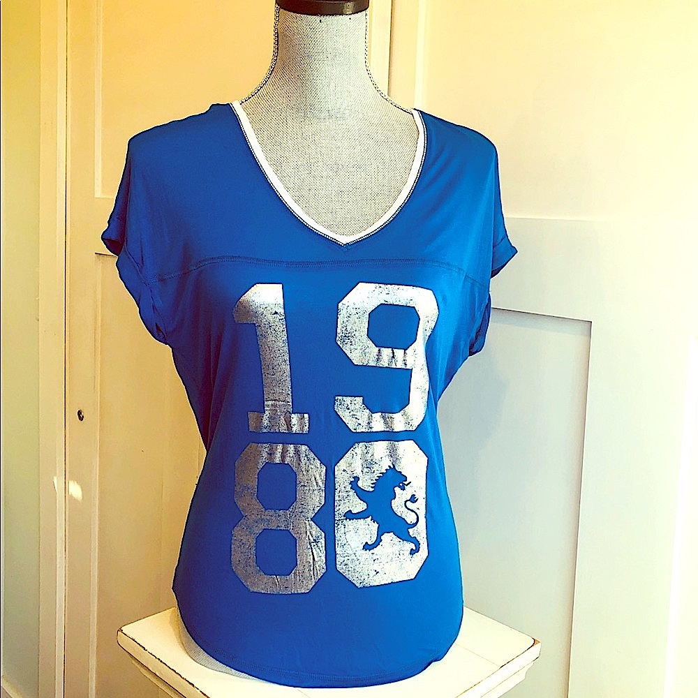 Sold Express tee shirt v neck bright blue with Express logo in silver size small